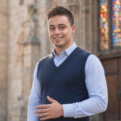 Kevin smiling on the steps of a stone church