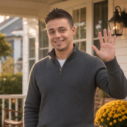 Kevin waving from the front porch of a house