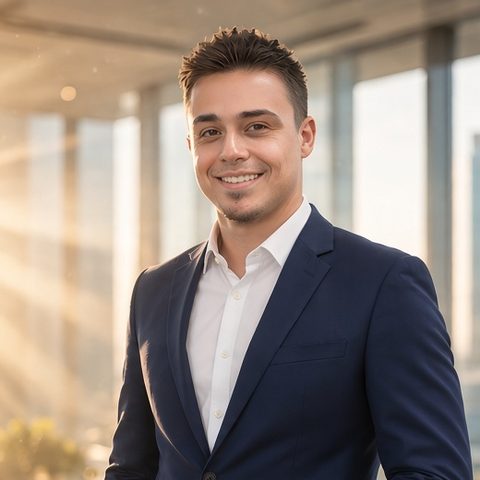 Kevin, life insurance agent in New Jersey, smiling in a navy suit in a sunny office