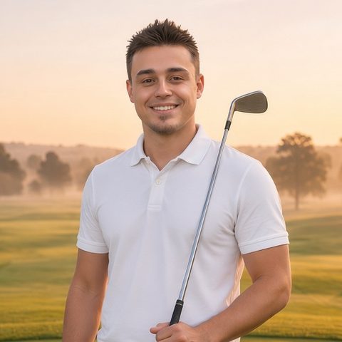 Kevin, who helps with retirement income planning, smiling on a golf course at sunrise